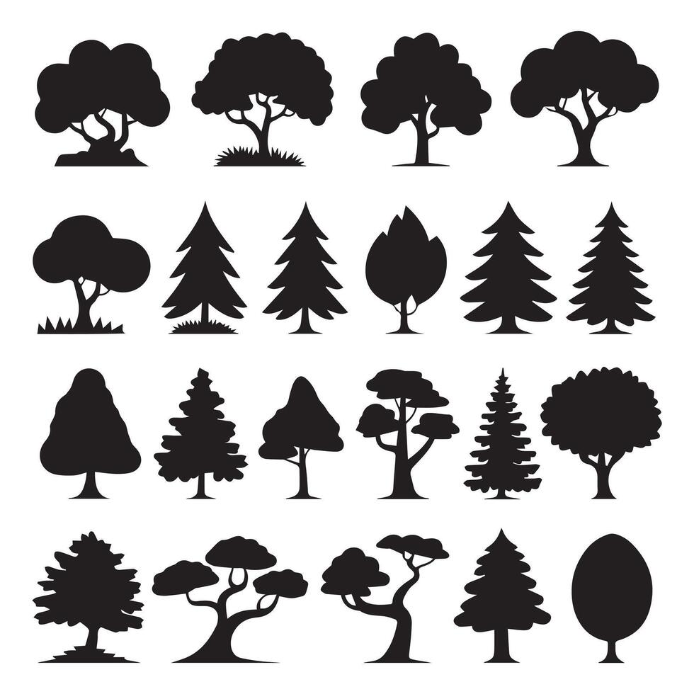 Collection of Black Silhouettes of Trees Plants and Flowers vector