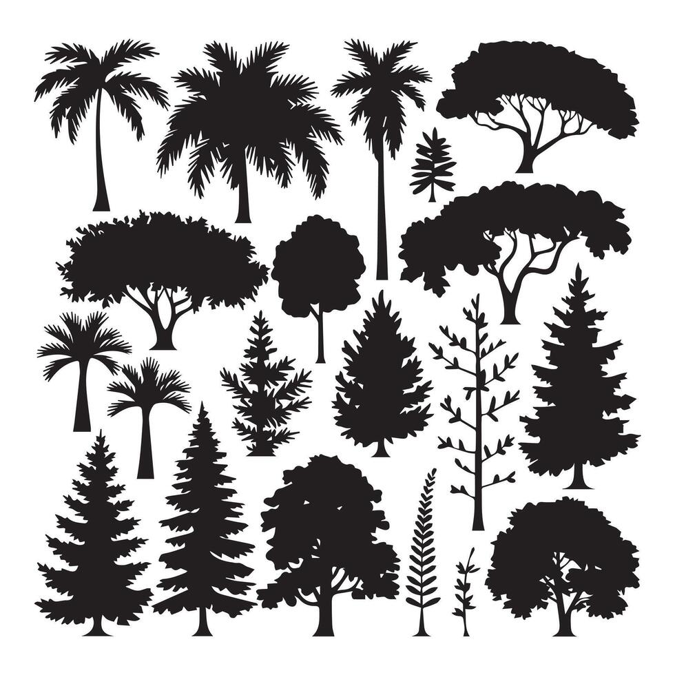 Collection of Black Silhouettes of Various Tree Types vector