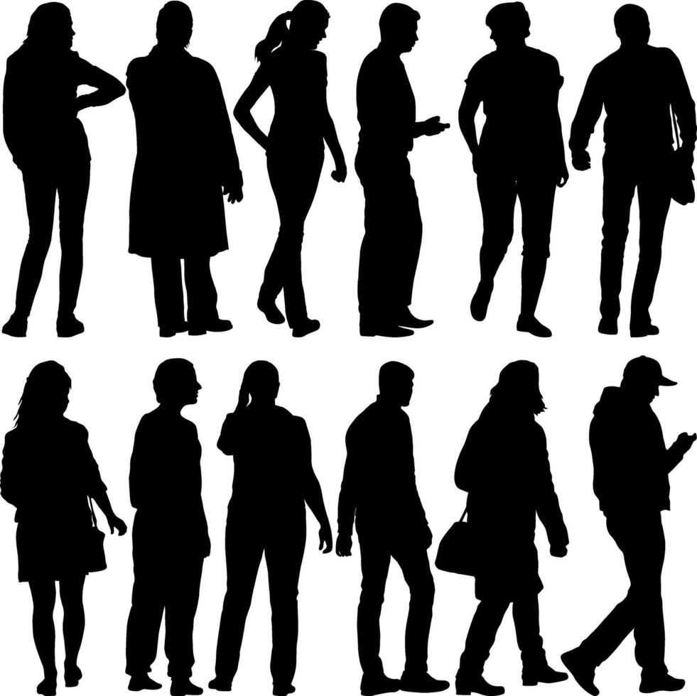 A Silhouette Group of People Standing on White Background vector