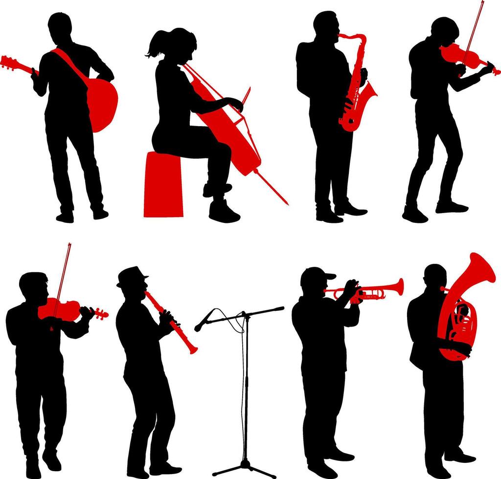Silhouettes street musicians playing instruments on a white background vector