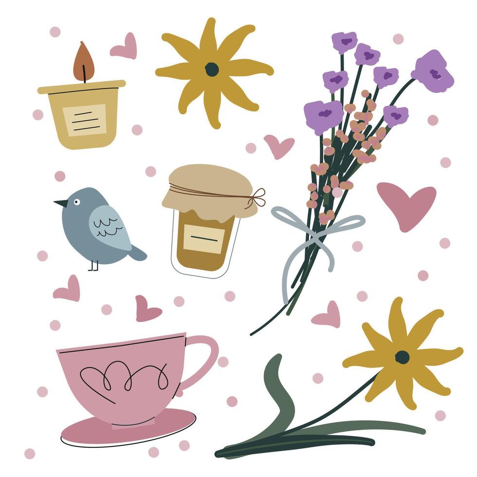 Cute cottage core set illustrations with flowers, deco elements, homemade style and hearts in a pastel pallette to be used as stickers vector