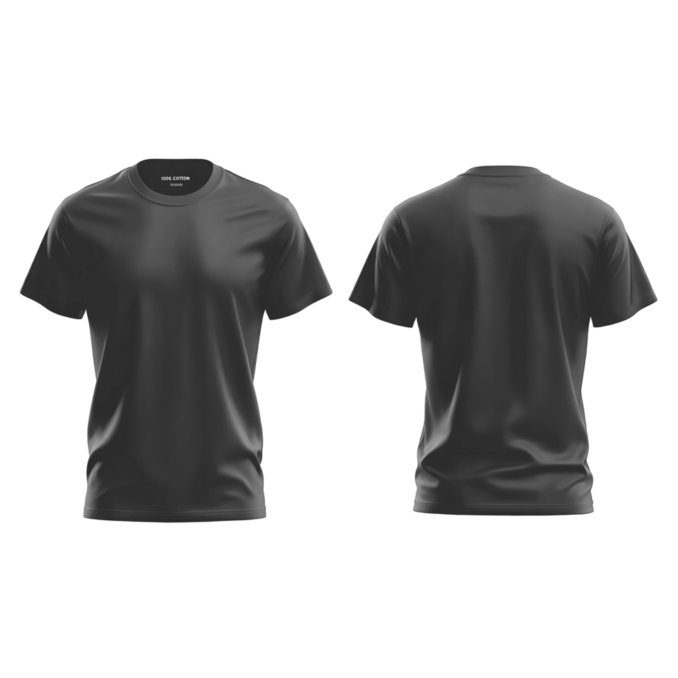 Front and back view of a blank black cotton t shirt for clothing mockups and designs png
