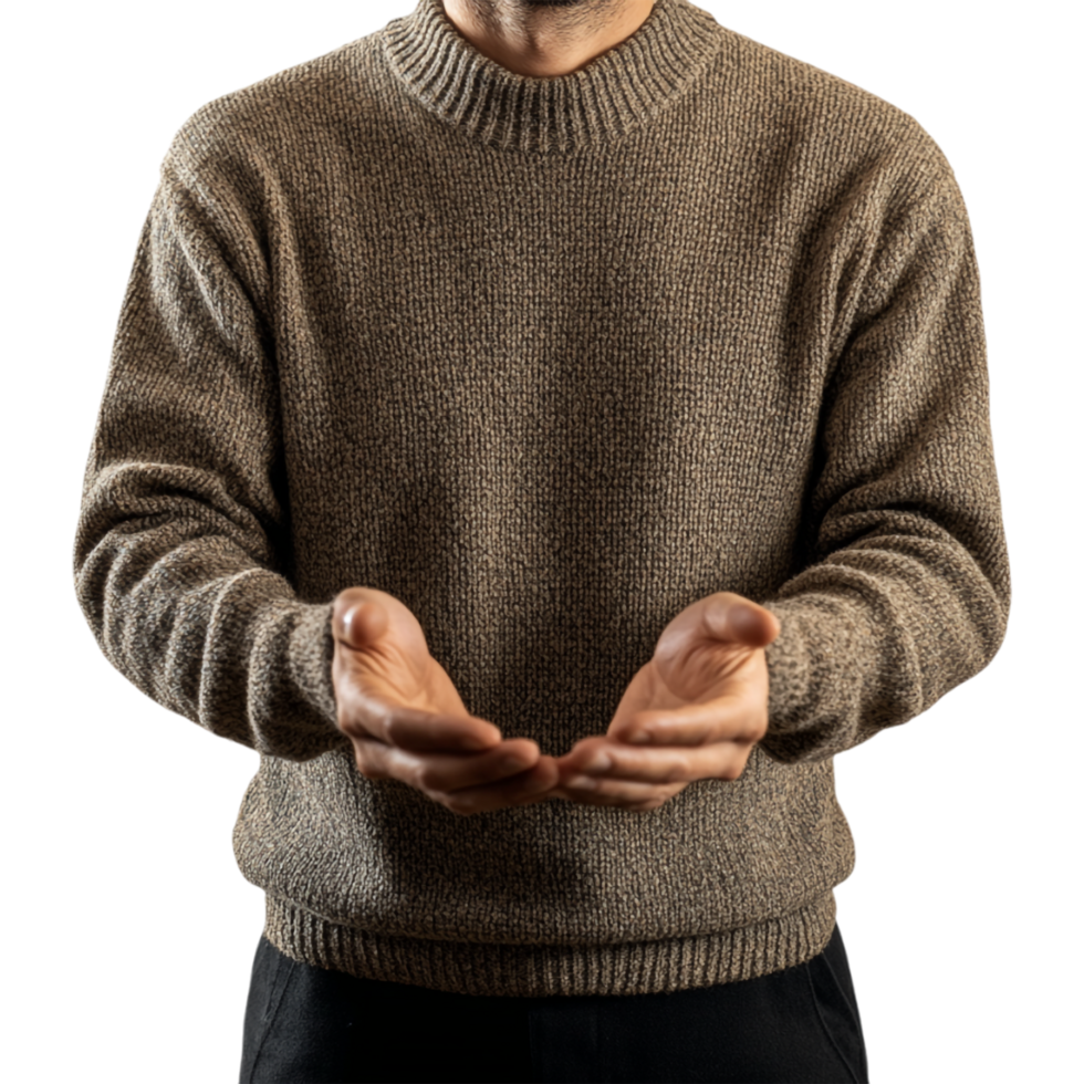 man in a sweater is holding his hands out png