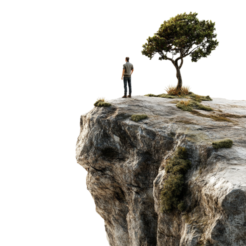 man standing on cliff with tree png