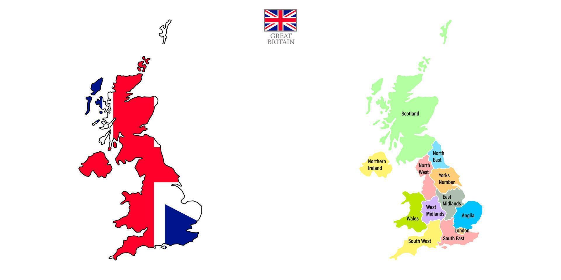 Two flat map of United Kingdom with national flag and colored division to region name. vector