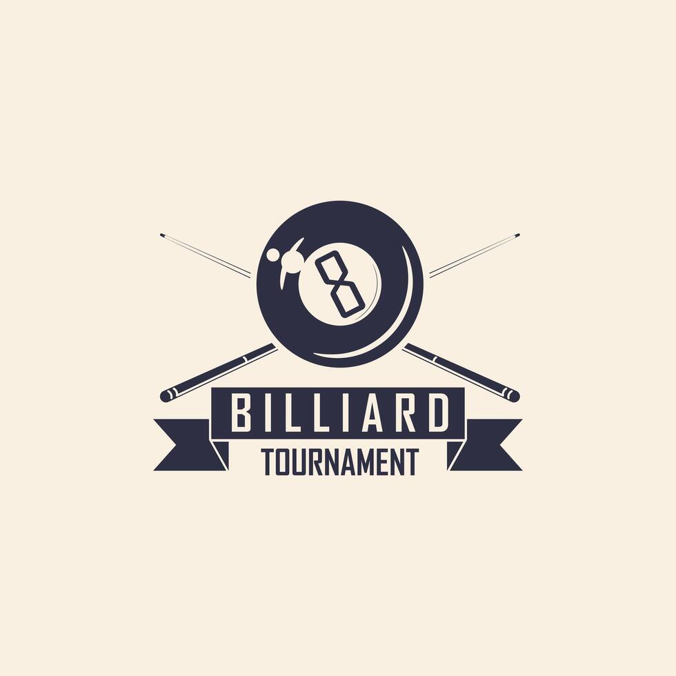 Billiards-themed graphic with vintage flair. 8-ball icon paired with cues, crown, and classic ribbon shapes. vector