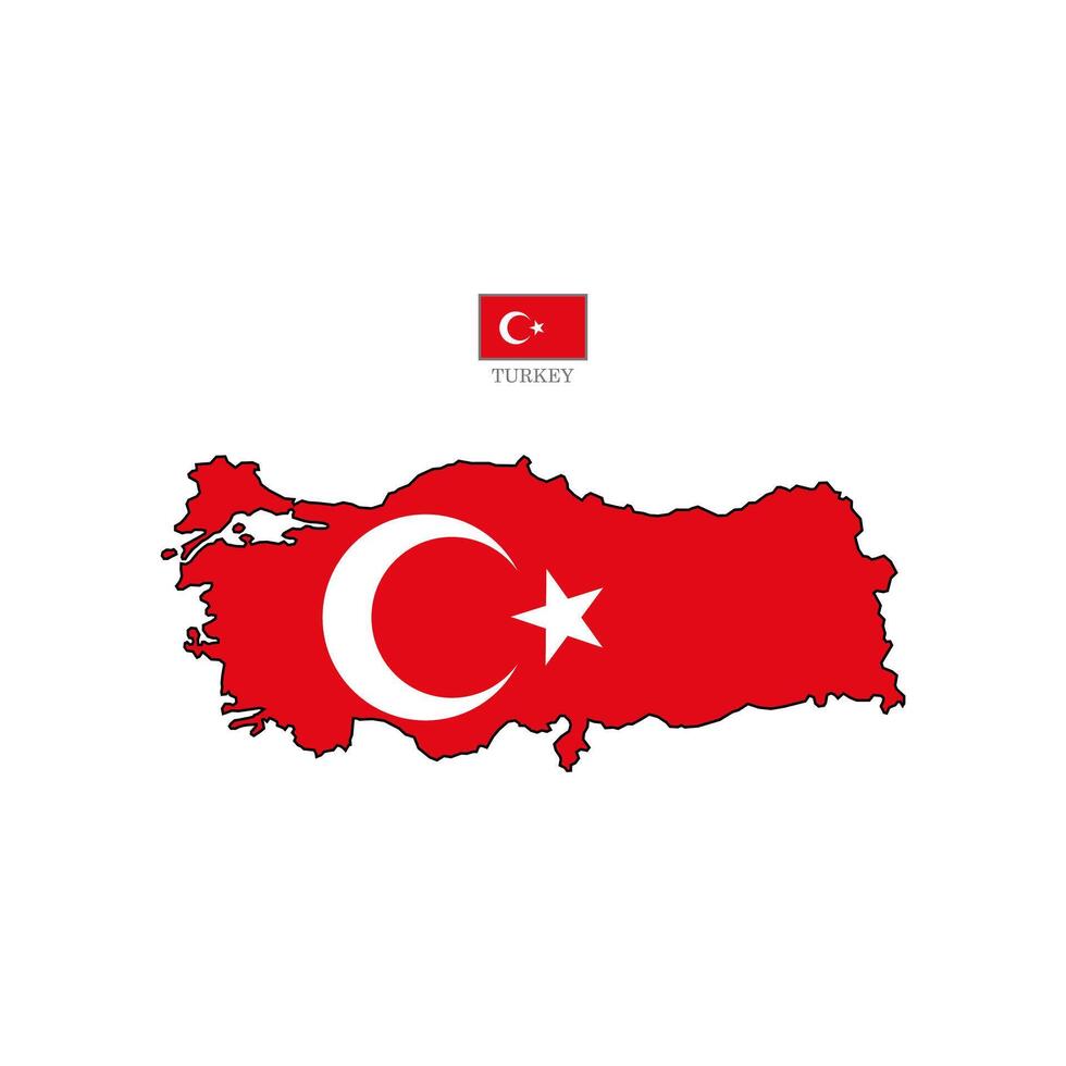 Flat Turkey outline map with national flag. With black contour. Turkey map isolated on white background illustration map vector