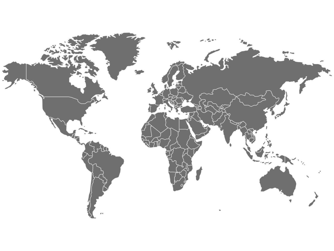 Flat grey world map featuring all major continents North America, South America, Africa, Europe, Asia, and Eurasia. vector