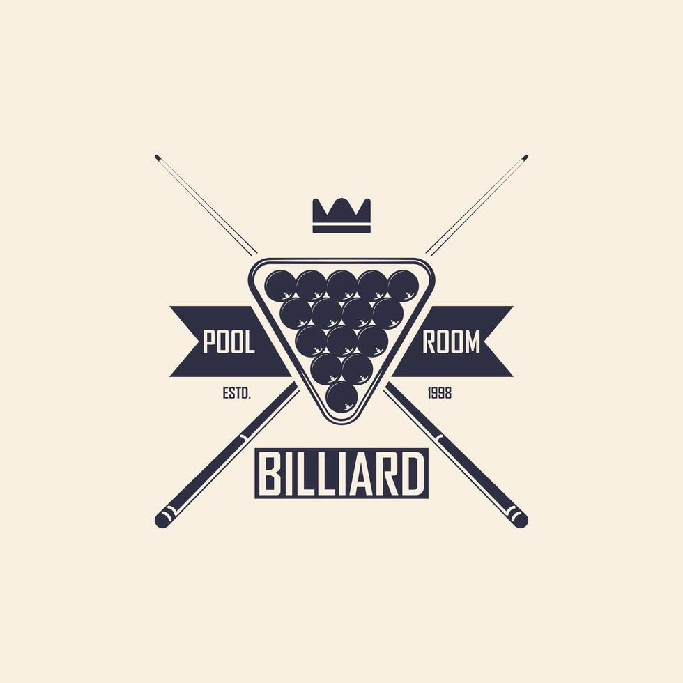Retro 8-ball and cue design with crown and banner accents. Perfect for poolroom branding or t-shirt prints. vector