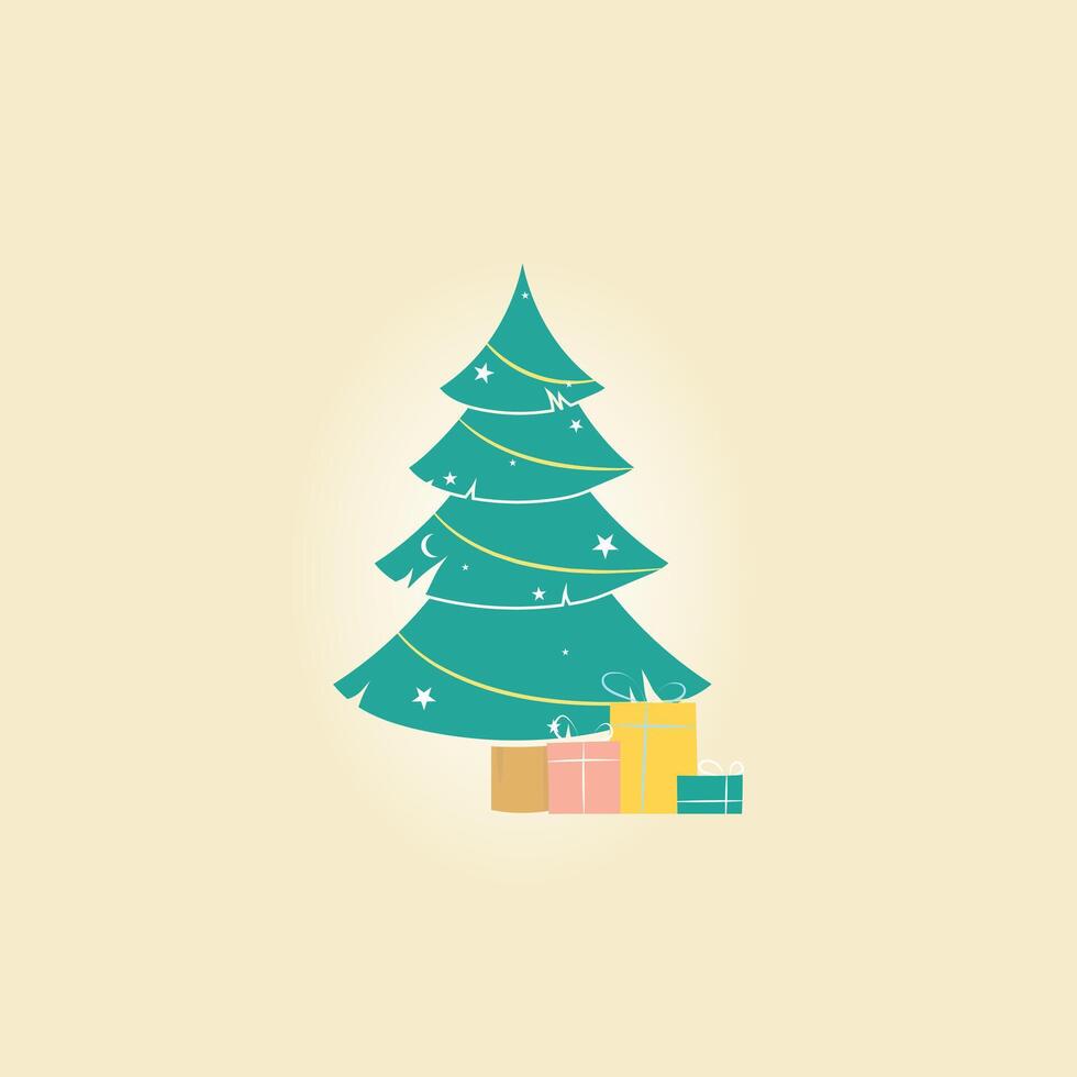 Minimal Christmas tree with gifts under it. Flat design holiday illustration on beige background. vector