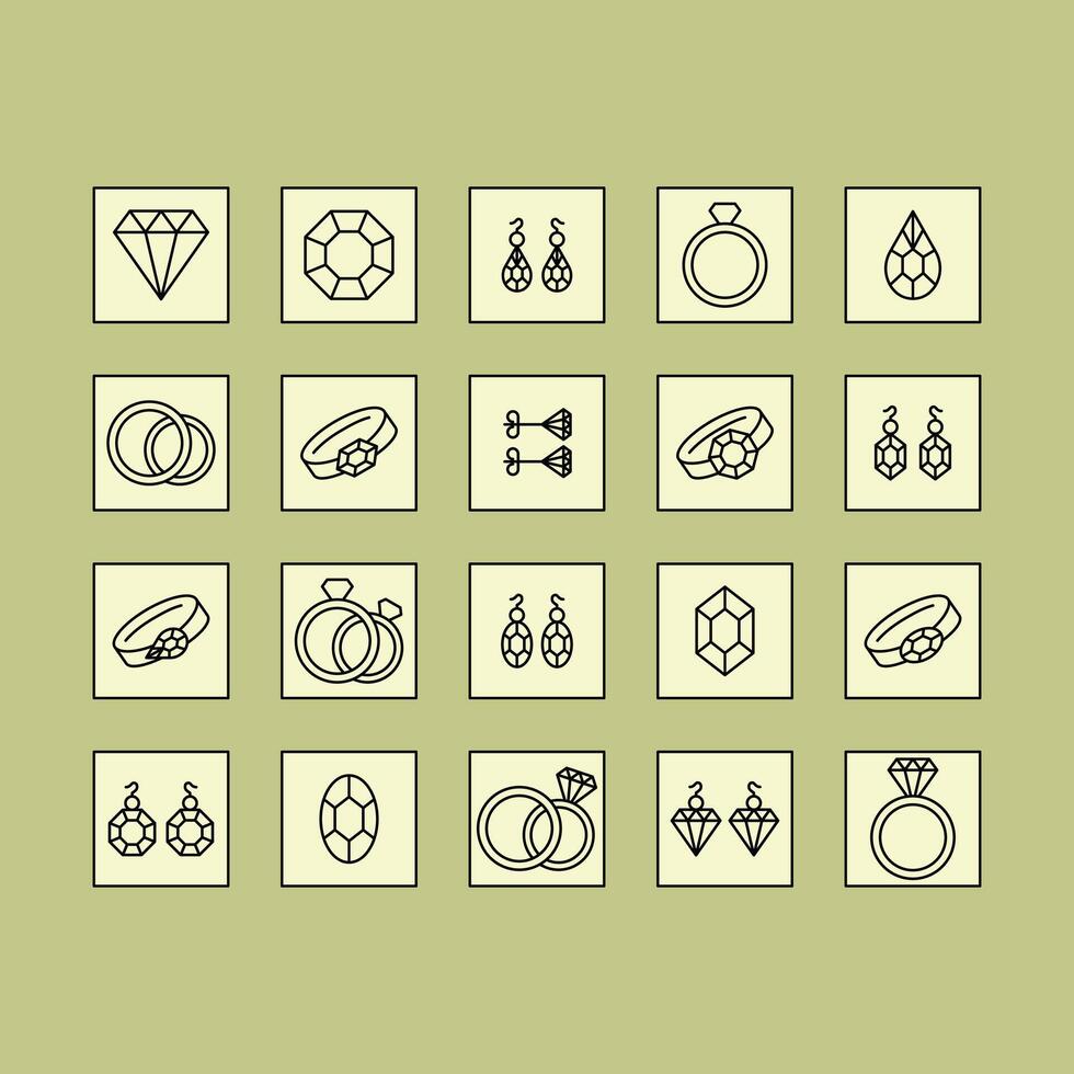 Jewelry flat line icons and store signs. Simple set includes earrings, diamonds, engagement rings, and more. See profile for additional icons. vector