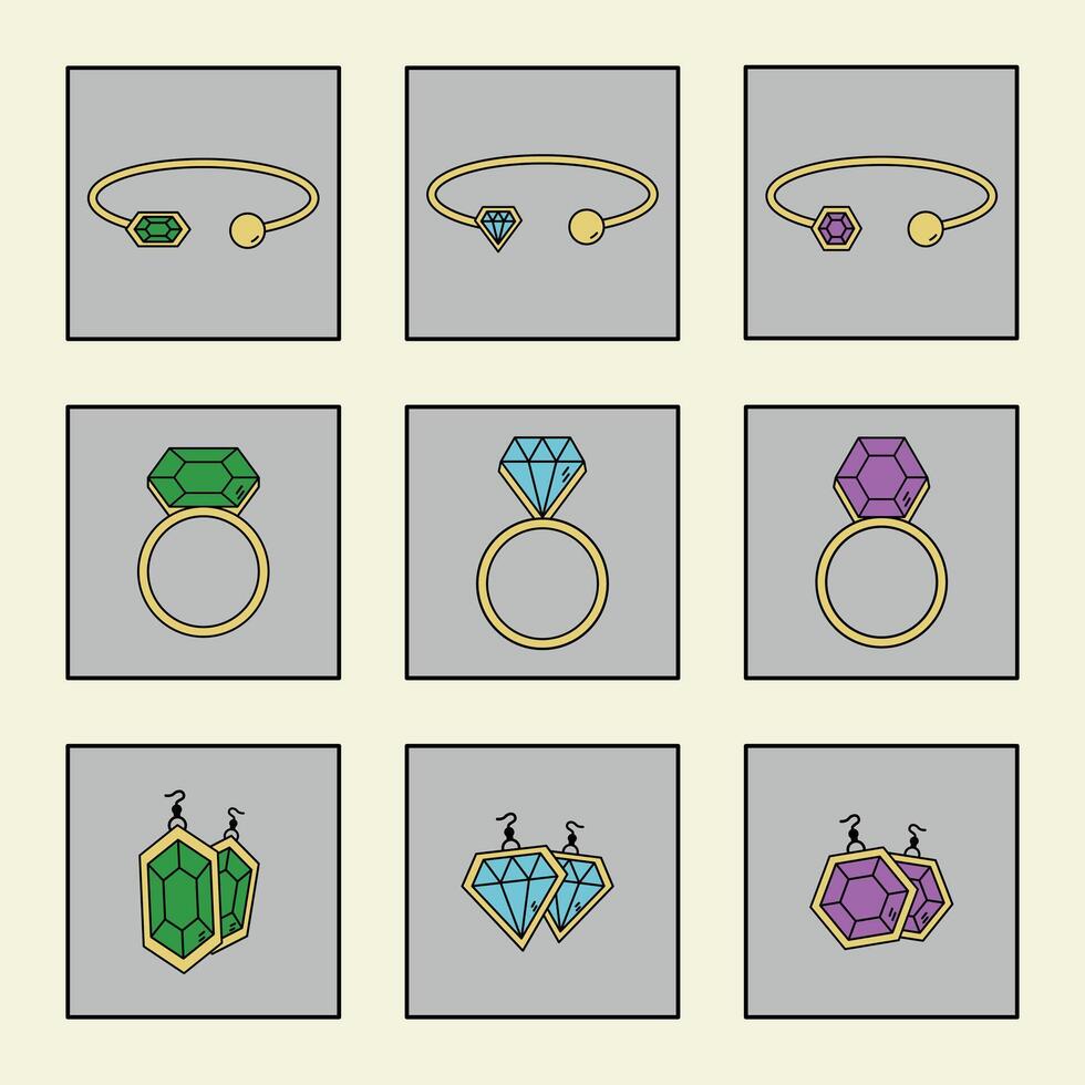 Simple set of vintage jewelry related icons. Includes earrings, diamonds, diamond shapes, engagement rings, and more. More available in profile. vector