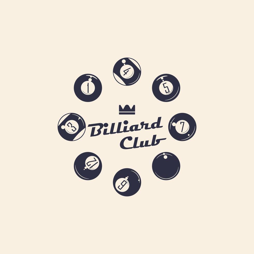 Hipster-style billiard design featuring 8-ball, cue sticks, and crown. Perfect for bar decor and branding. vector