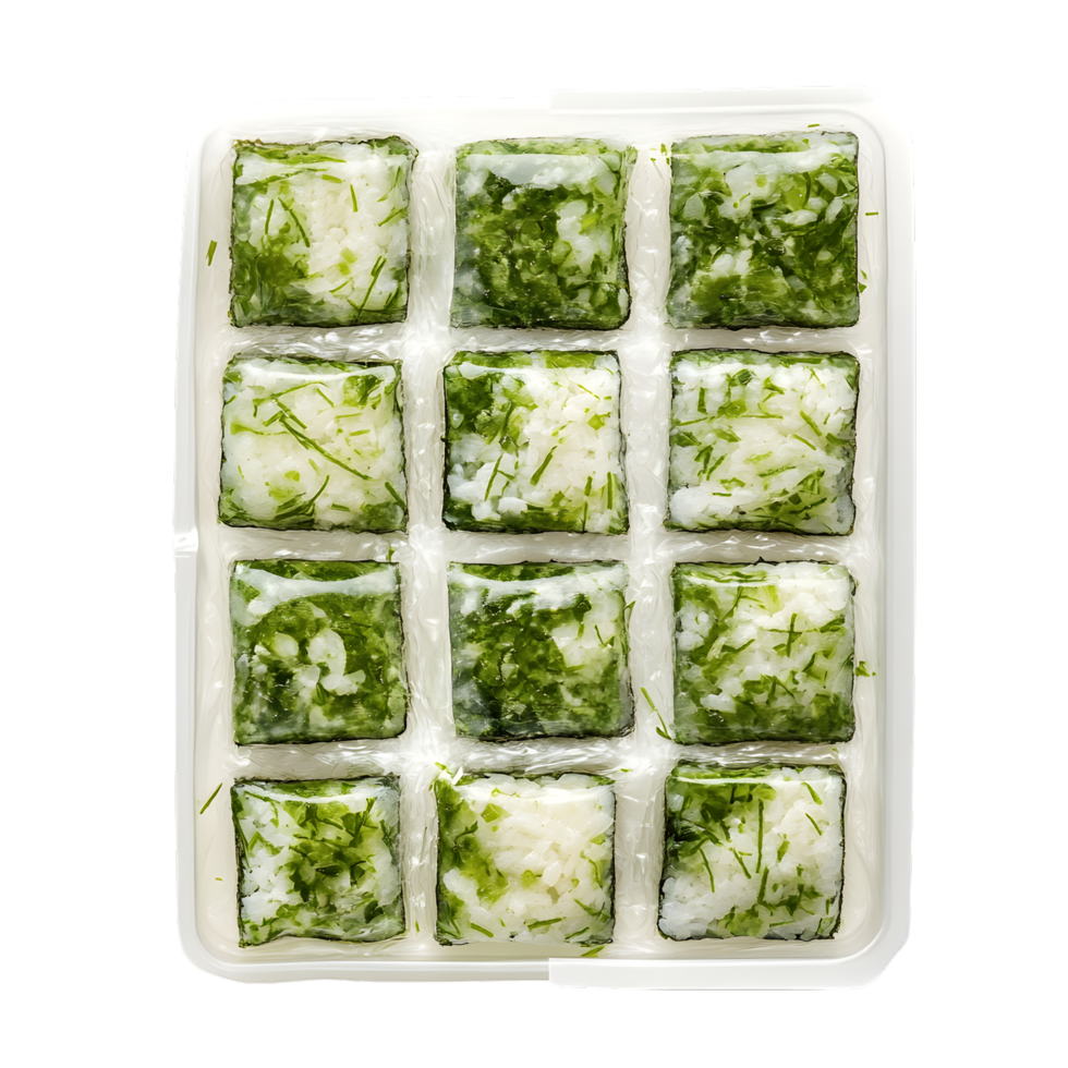 Frozen seaweed rice squares in a plastic container ready to eat png