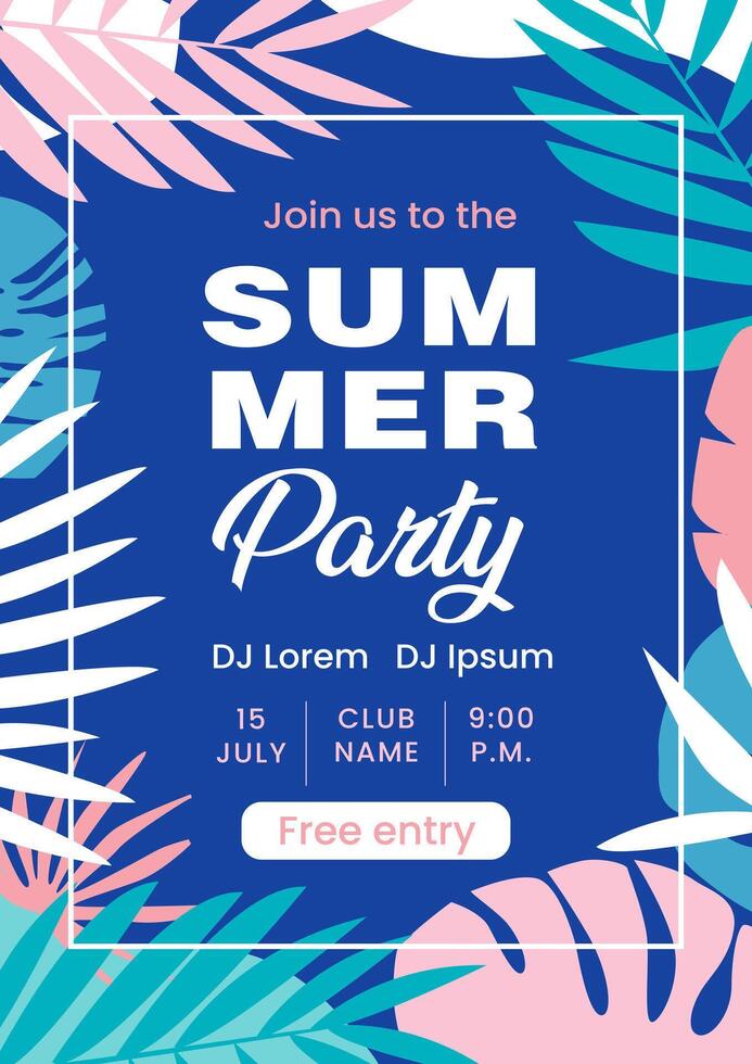 Summer beach party template poster. Summer festival design template. Party poster with colorful tropical leaves. Party flyer for night club. vector