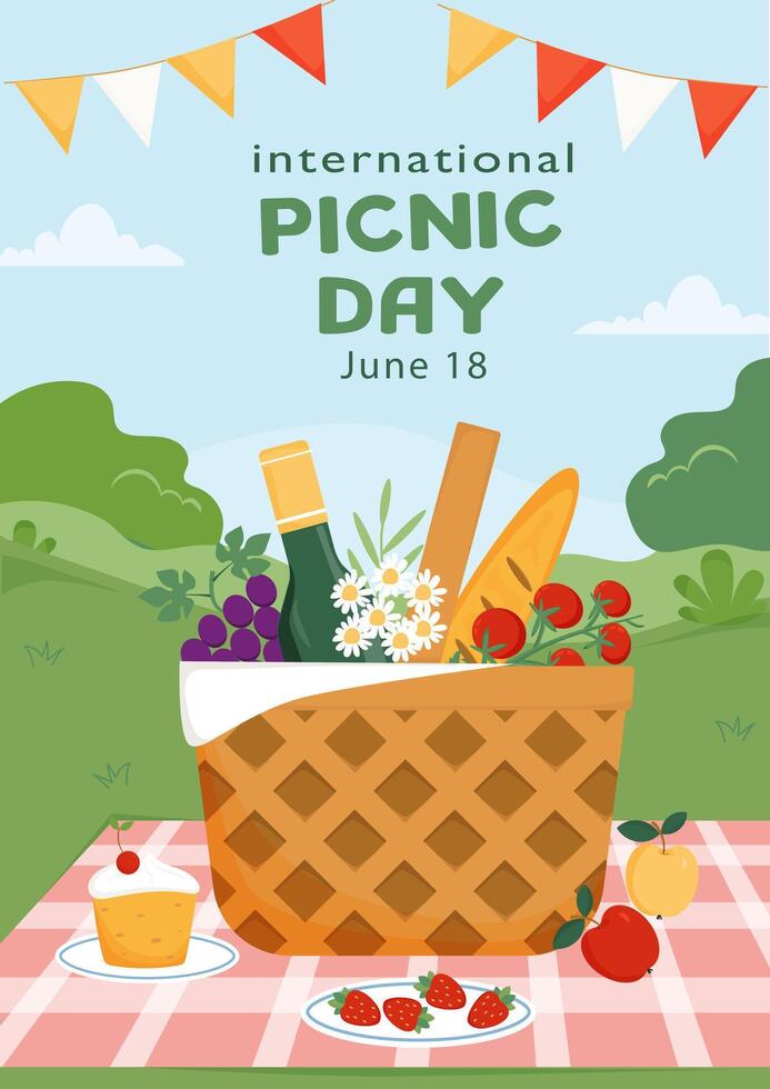 Flyer design for National Picnic Day. Picnic poster. Fruits, vegetables, French baguette, flowers, wine bottle in wicker basket for summer eating at nature. Illustration for poster, card, banner. vector