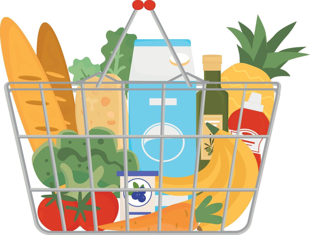 Groceries in shopping basket. Bread, dairy products, fruits, vegetable, bread in metal supermarket basket. Grocery shopping cart. Flat illustration on white background. vector