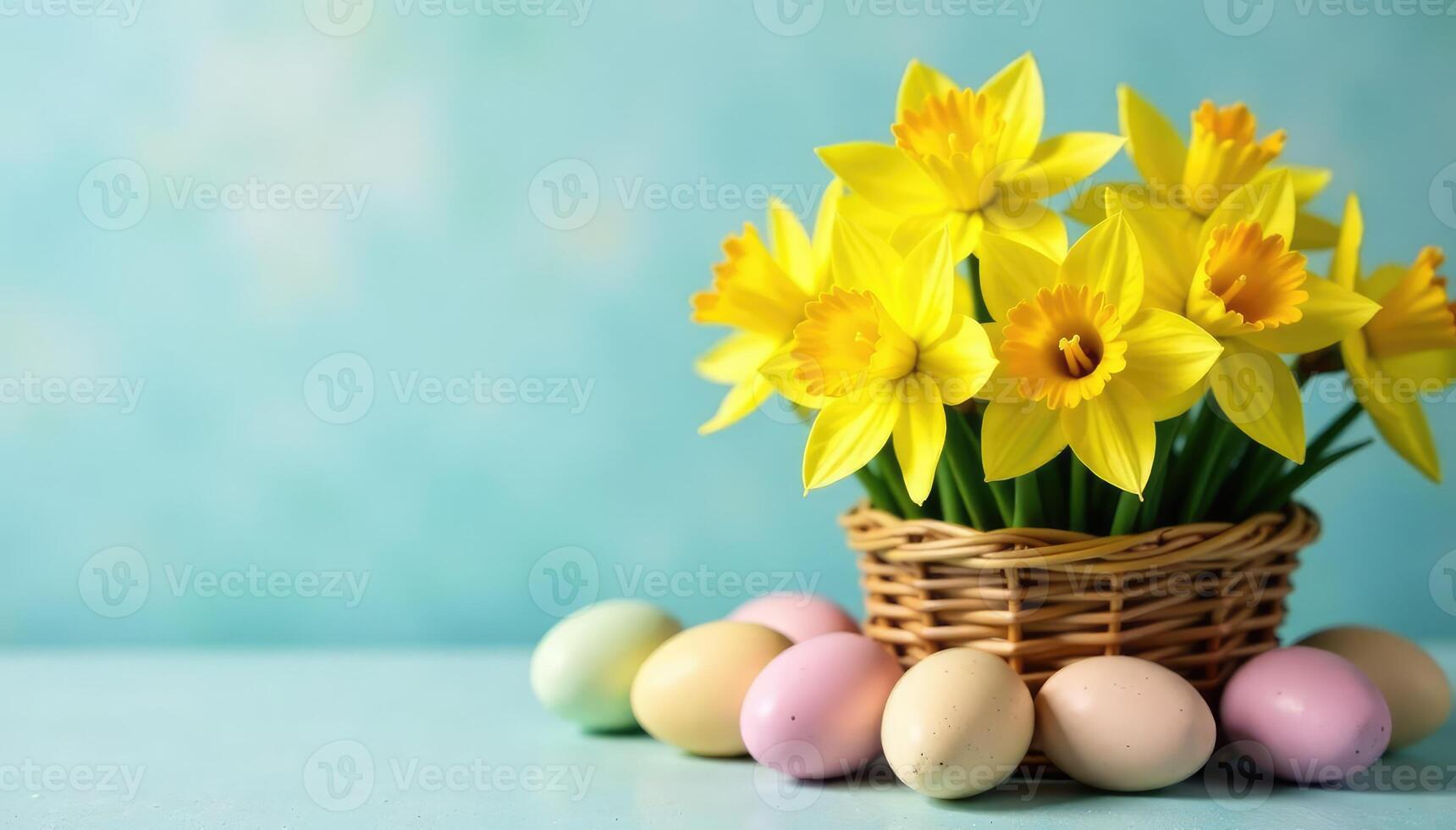 Daffodils in basket with easter eggs on blue background photo