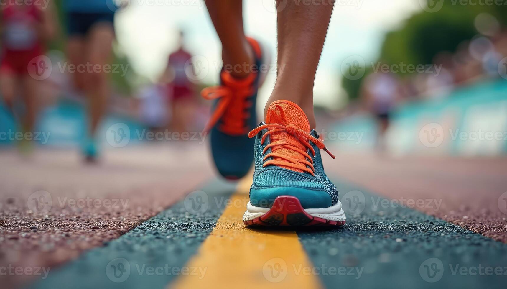 A person running on a track with their shoes on photo