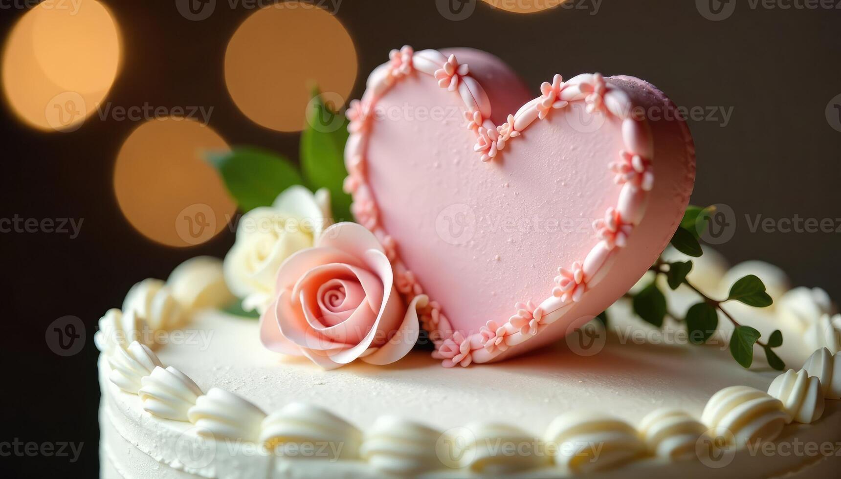 A pink heart shaped cake with roses on top photo