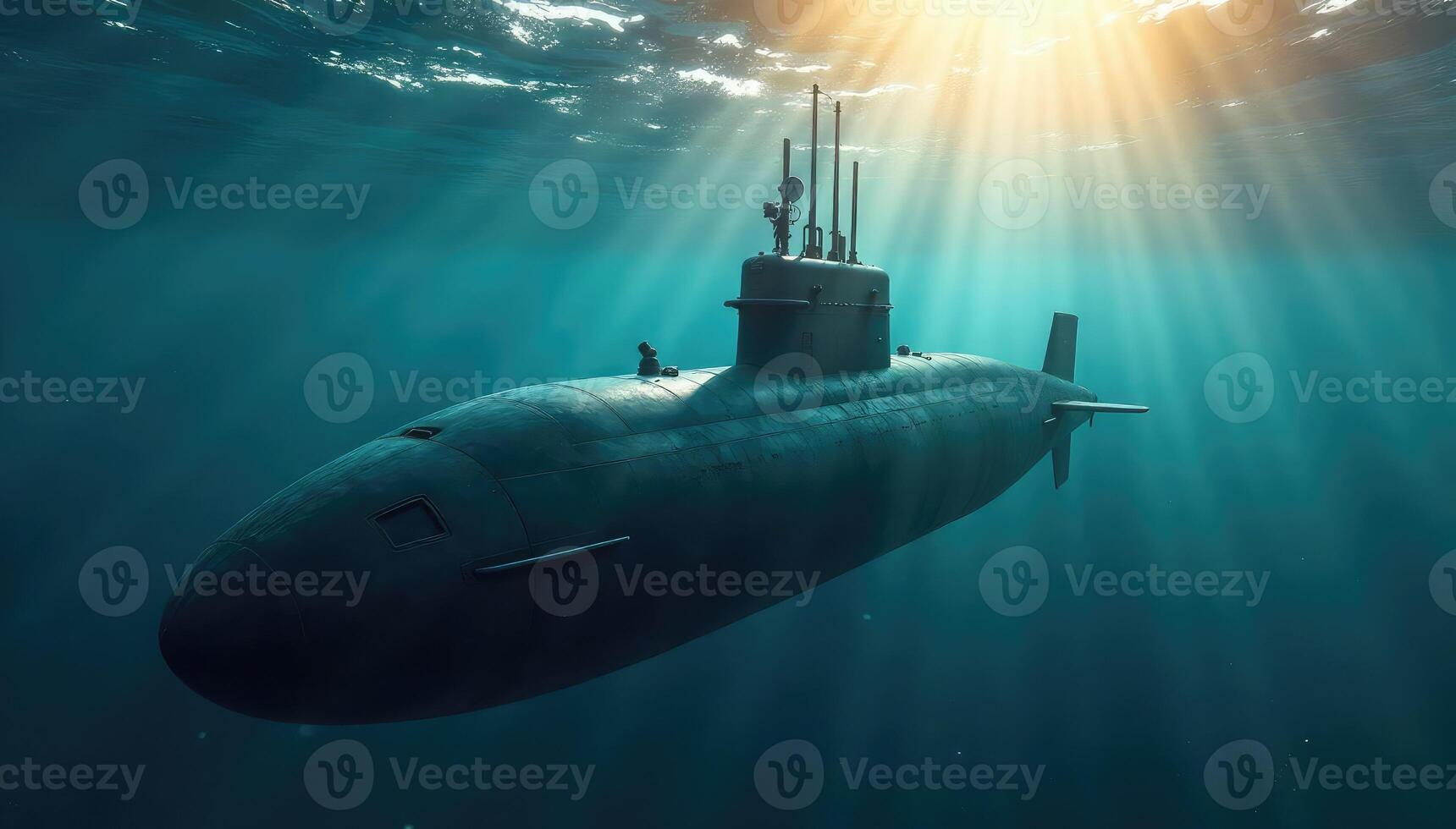A submarine in the ocean with sunlight shining down photo