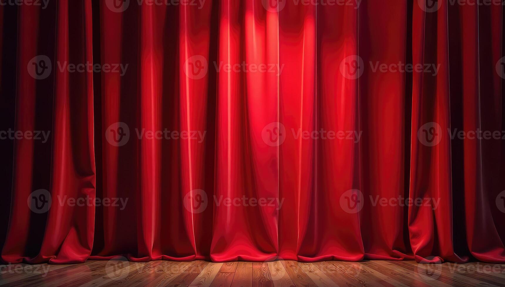 A red curtain is shown in front of a wooden floor photo