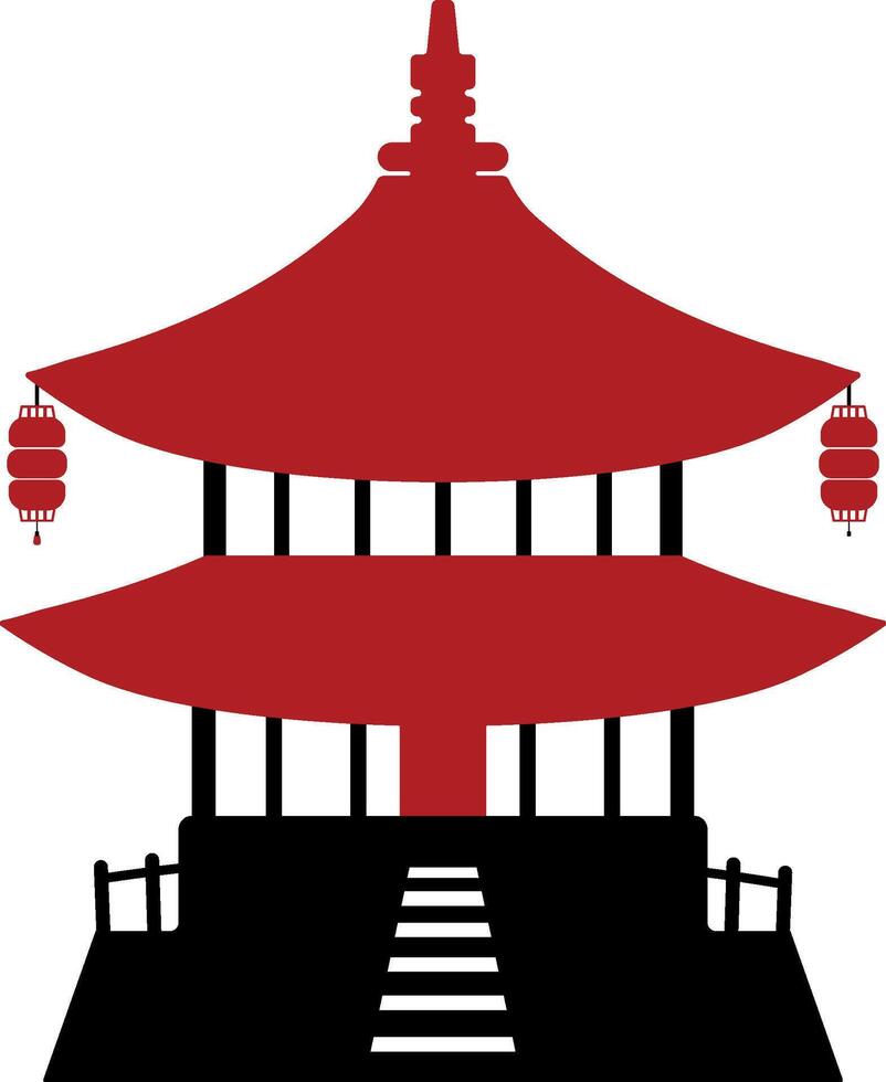 Minimalist red silhouette of a traditional Chinese temple with lanterns on transparent background vector