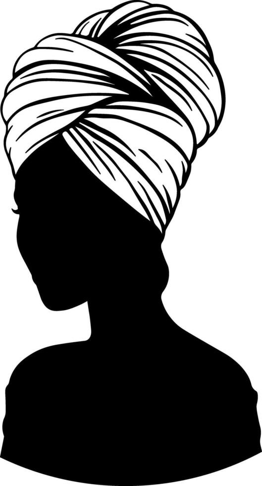 Elegant black silhouette of a woman with a headdress or towel on her head. No background. Suitable for beauty, spa, fashion, and wellness design projects. vector
