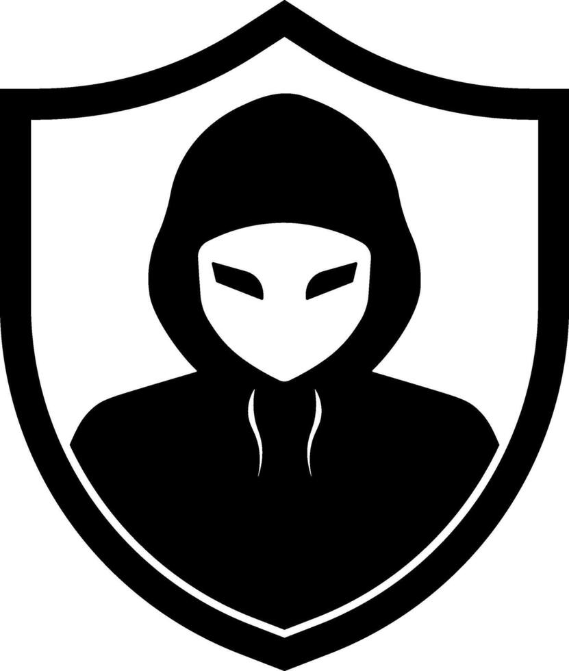 Black and white icon of a hooded man with eyes inside a shield, symbol of controlled anonymous user, cybersecurity, or digital protection. Linear style without background. vector