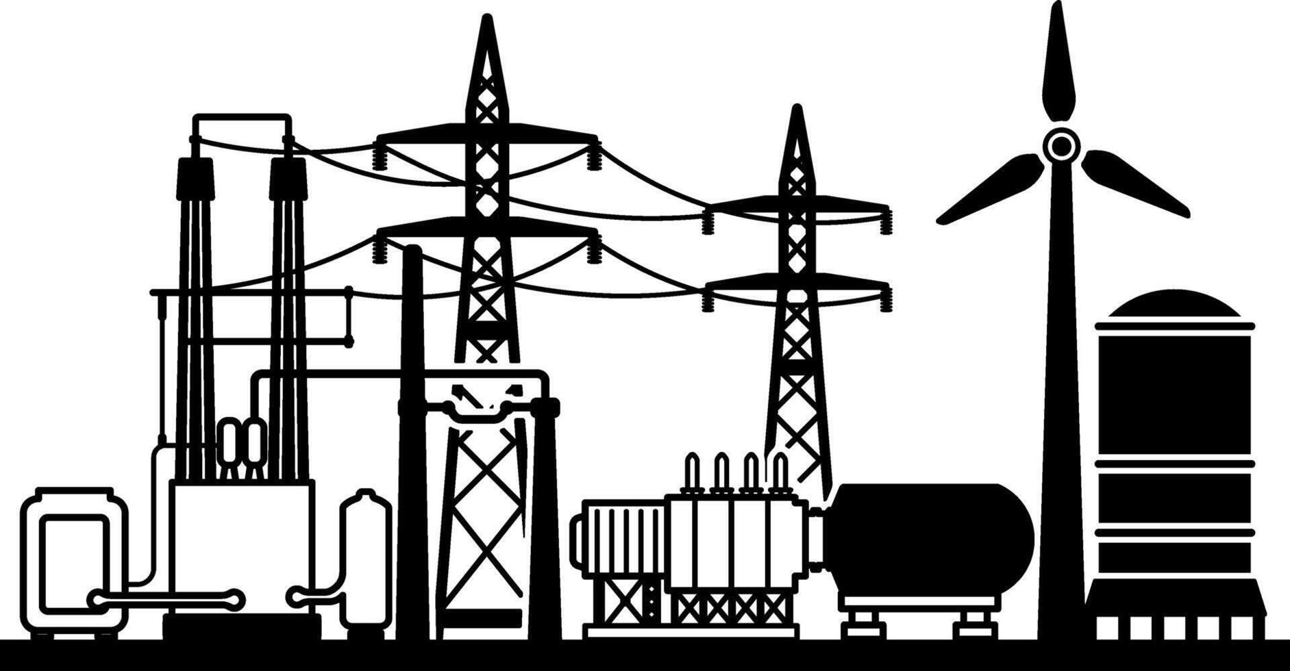 Black illustration of electric infrastructure with power poles, wires, and substation. Concept of electricity transmission and distribution vector