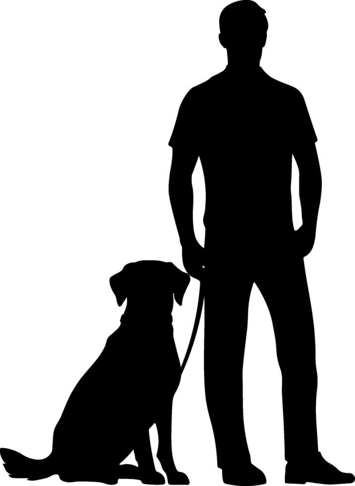 Black silhouette of a man walking a dog on a leash, simple isolated icon without background. Suitable for pet care, dog walking services, or outdoor activity themes. vector