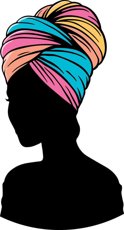 Black silhouette of a woman in a colorful traditional headdress or turban. Can represent African or other cultural styles. No background. Perfect for beauty, fashion, or ethnic design. vector