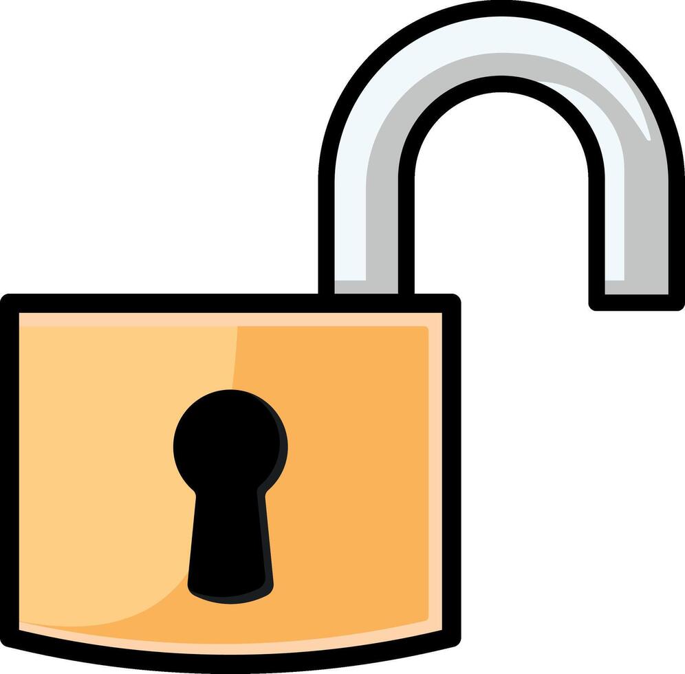 Illustration of an open barn lock or open small padlock, simple isolated icon without background, symbolizing access, unlocking, or reduced security. vector