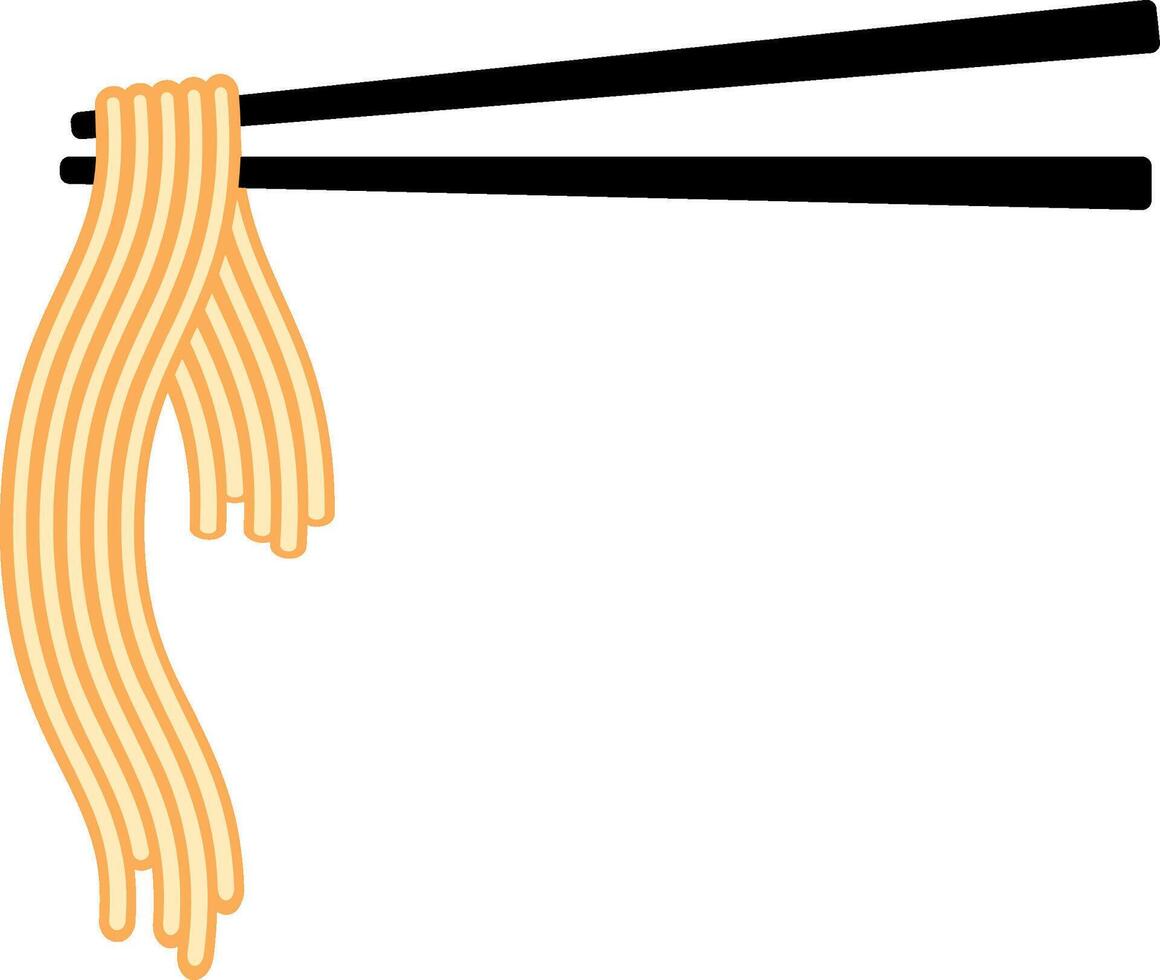 Color illustration of noodles hanging from traditional Chinese chopsticks. Bright and appetizing design on transparent background. Perfect for Asian food themes and restaurant branding. vector