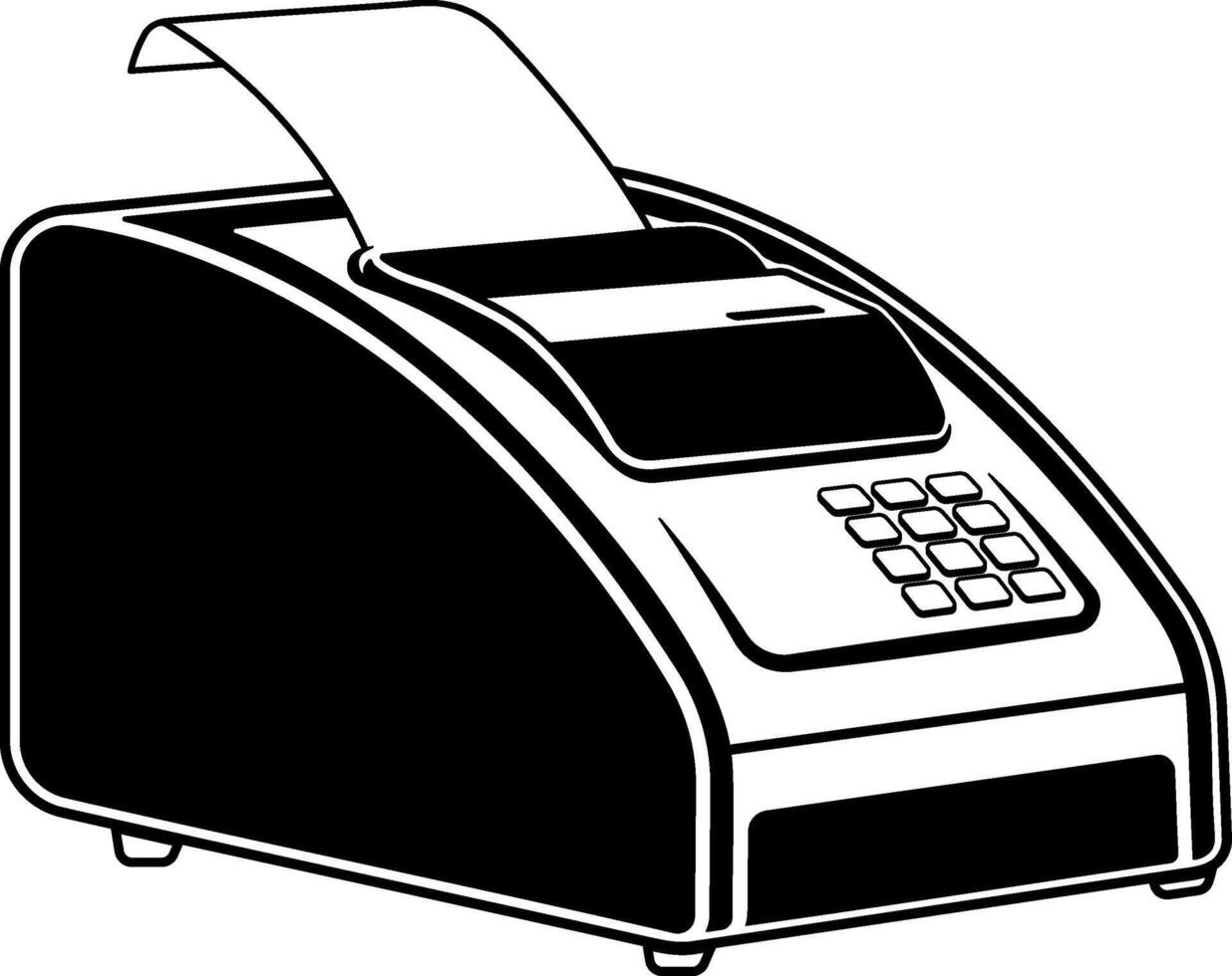 Black and white icon of a cash register with a receipt, silhouette style, isolated on transparent background vector
