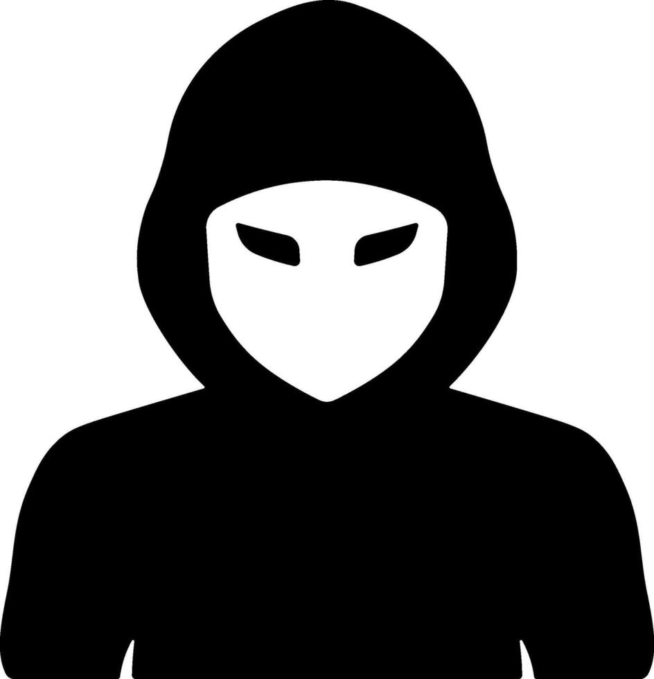 Black and white icon of a hooded man with eyes, symbol of anonymous user, hacker, or online security threat. Simple linear style without background. vector