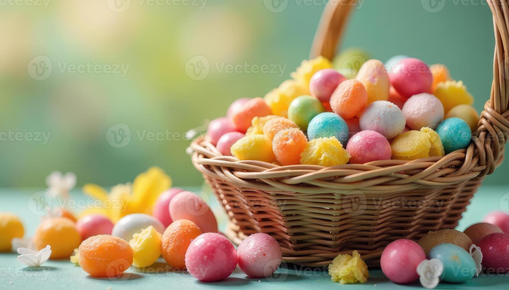 Easter basket with colorful candy eggs on green background photo