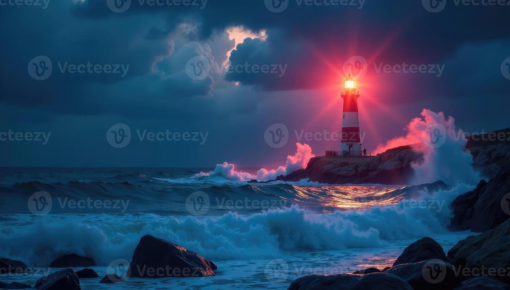 A lighthouse is lit up by the sun on a stormy night photo