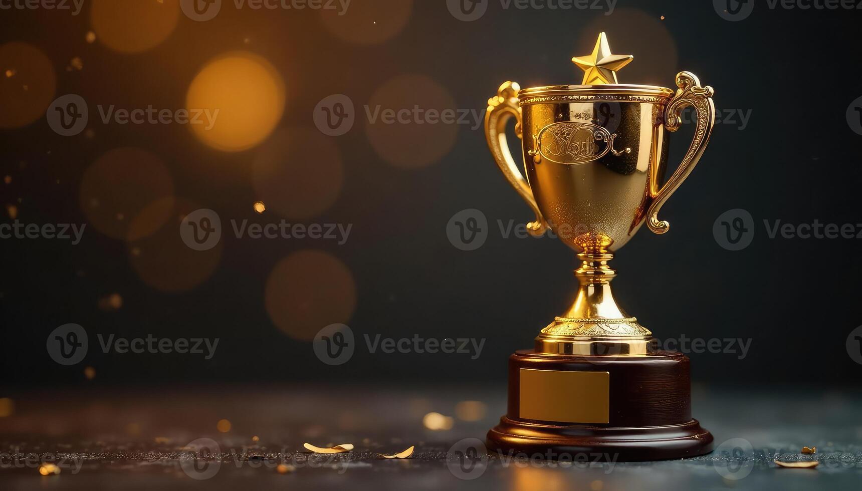 Golden trophy trophy on black background with bokeh effect photo