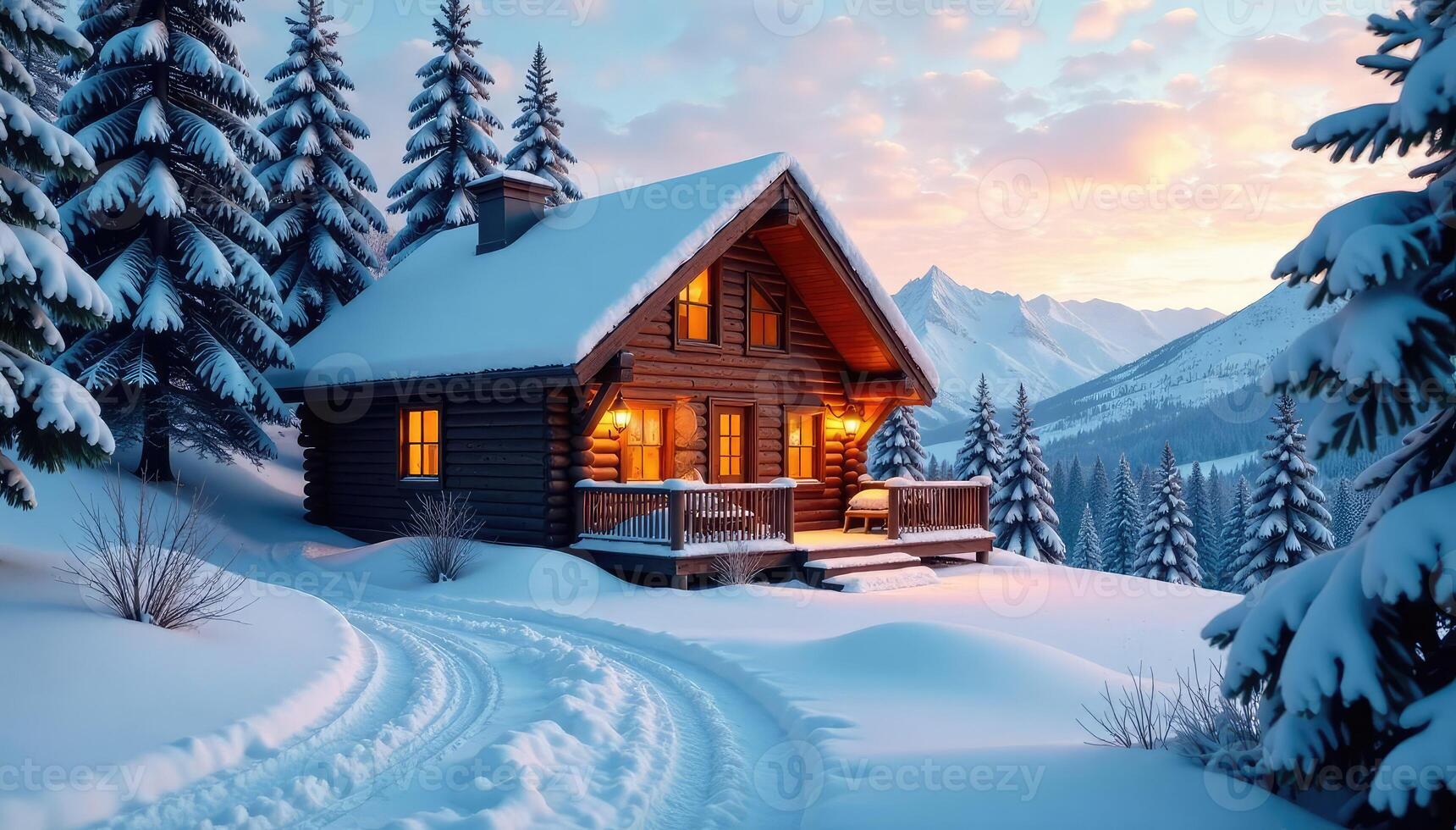 A cabin in the snow with a path leading to it photo