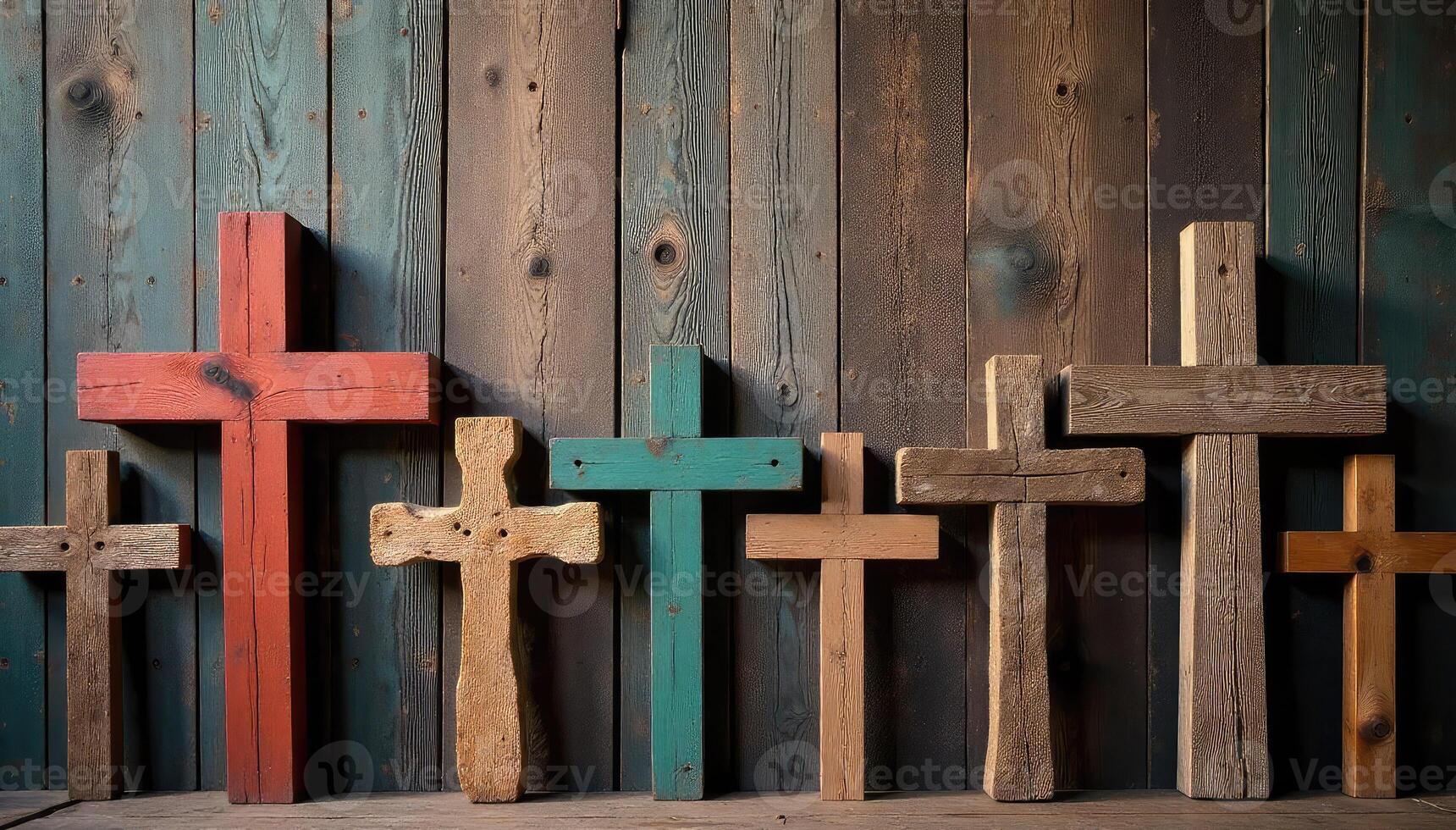 A row of wooden crosses against a wall photo