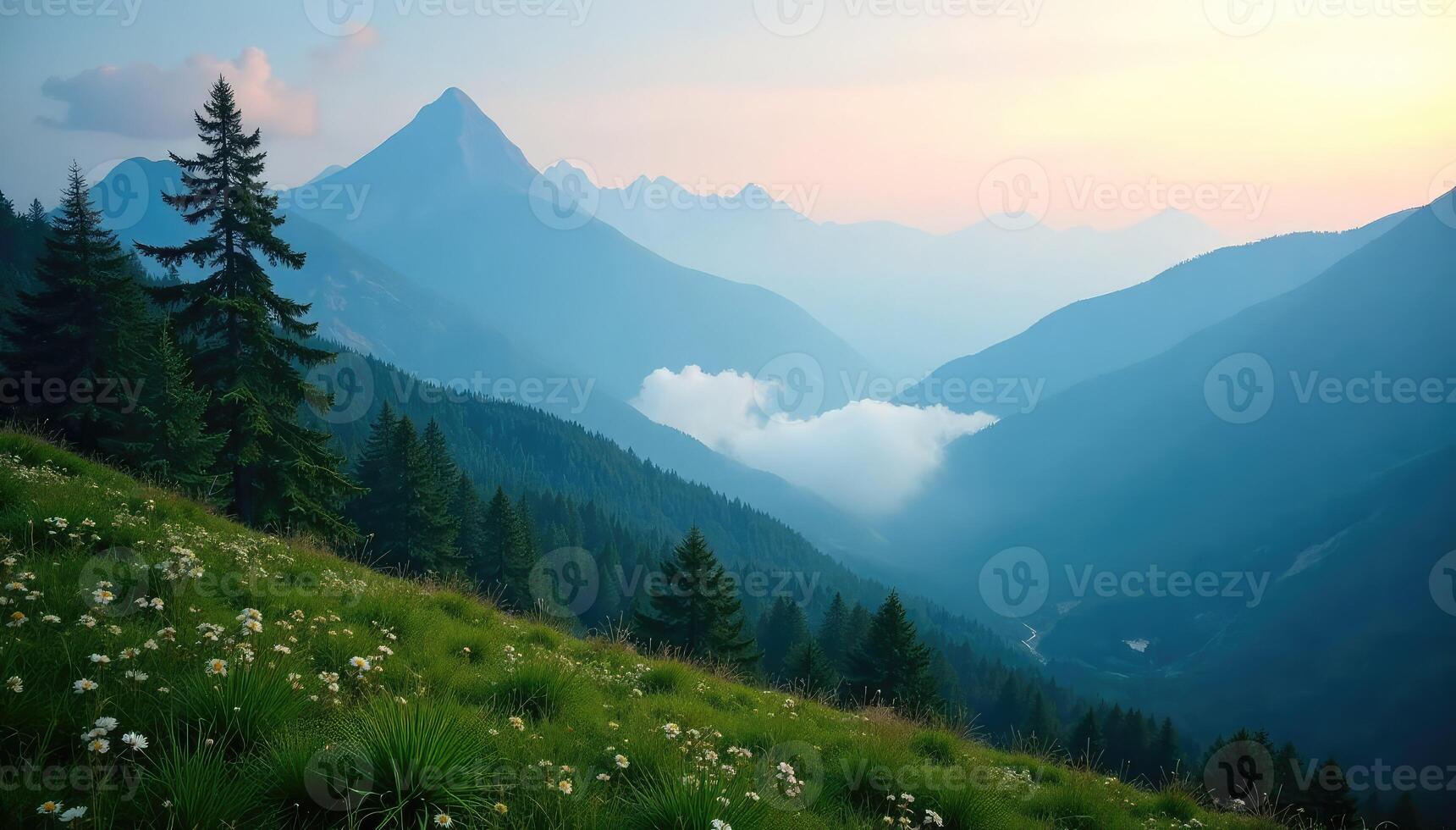 A beautiful view of mountains and trees at sunset photo