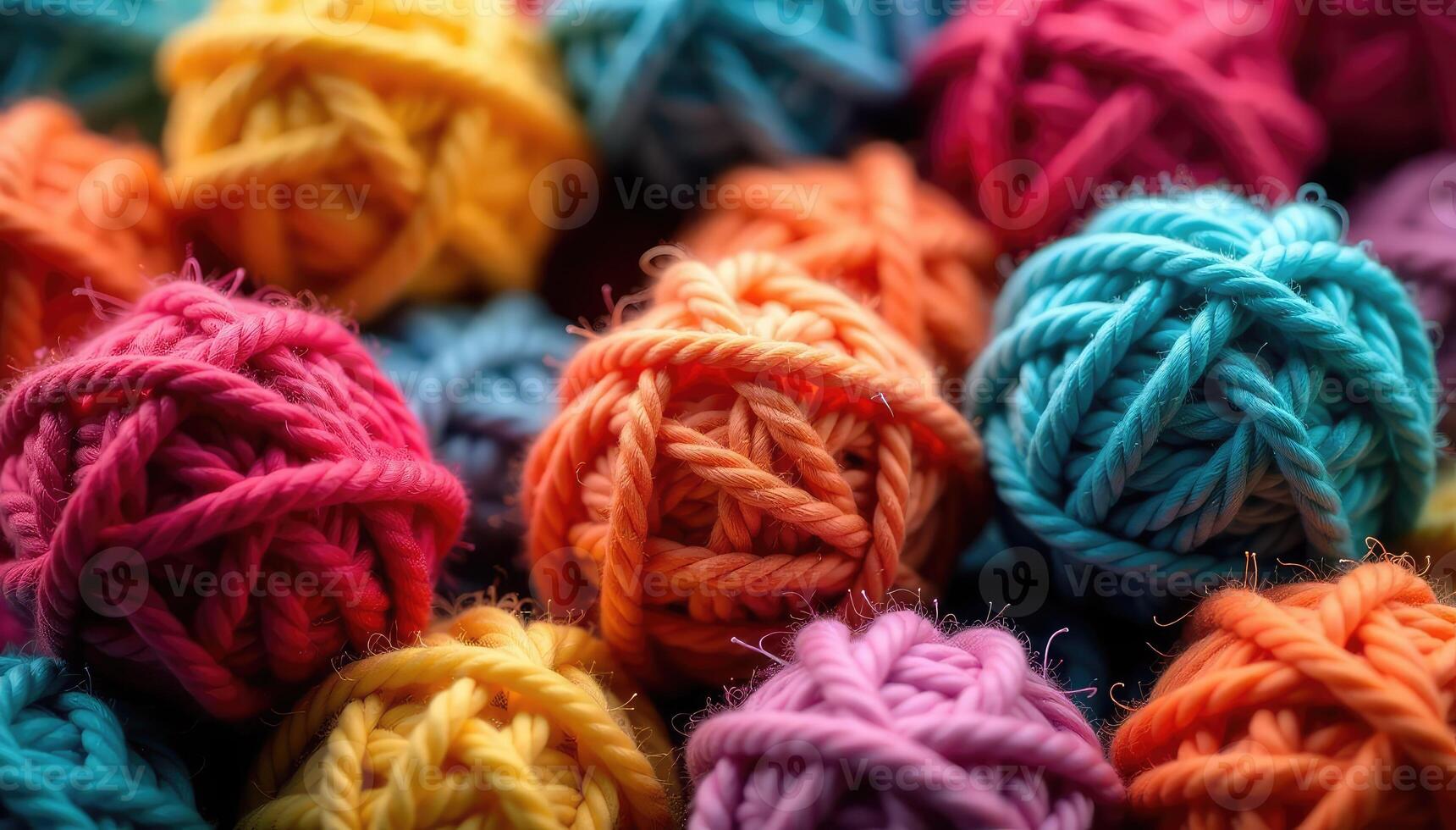 Colorful yarn balls stitched together, decorative craft project , needlework, knitting photo