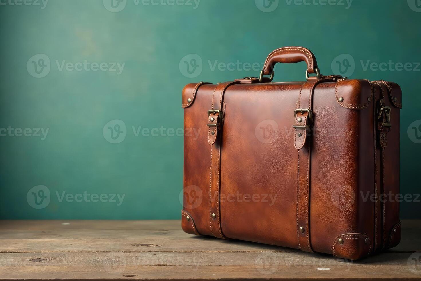 An old brown suitcase on a wooden table photo