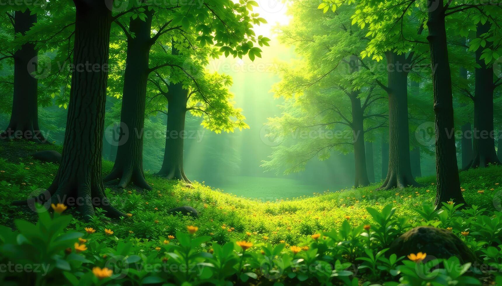 A beautiful forest scene with sun shining through the trees photo