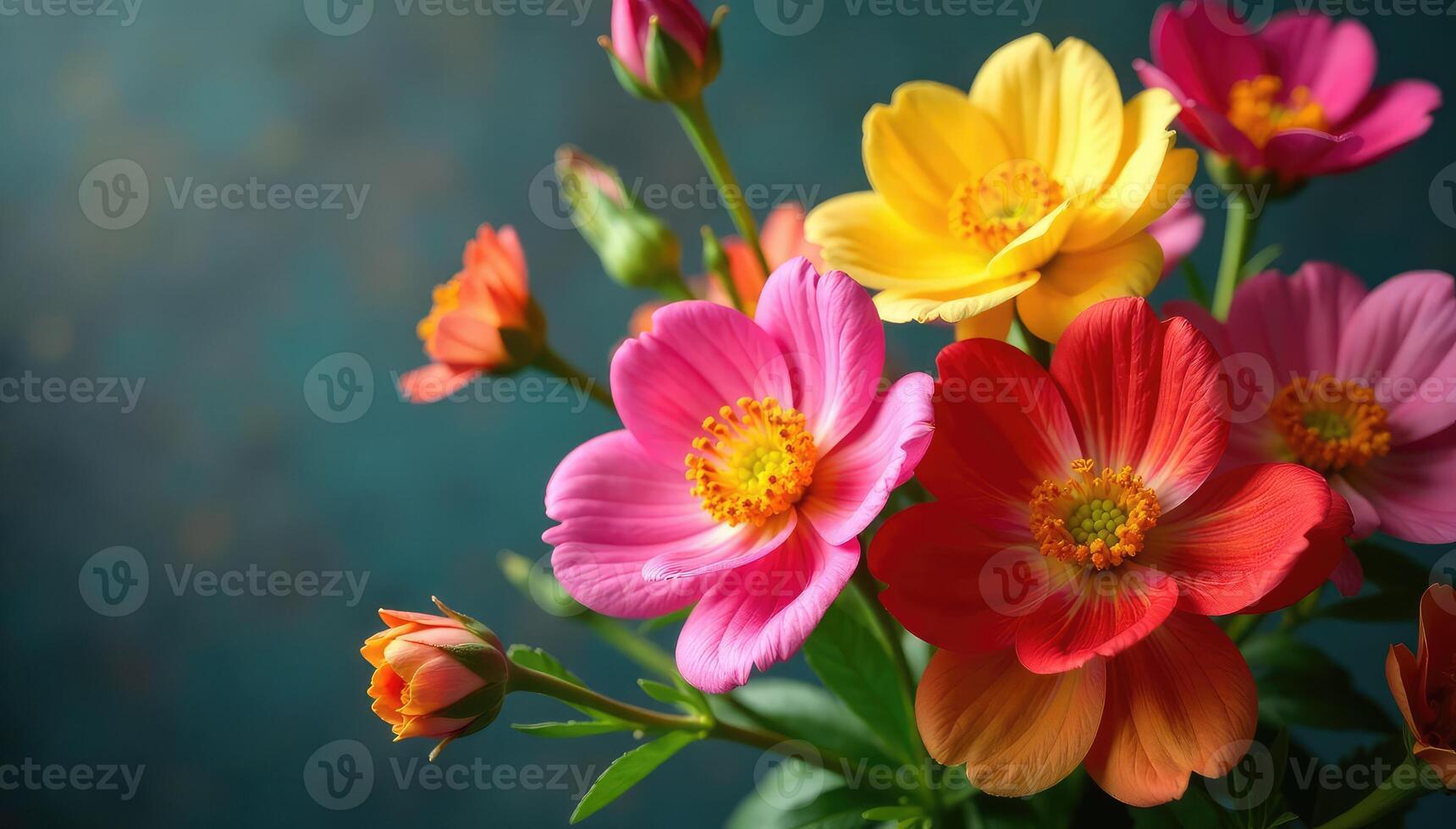 Bright flowers on a blue background photo