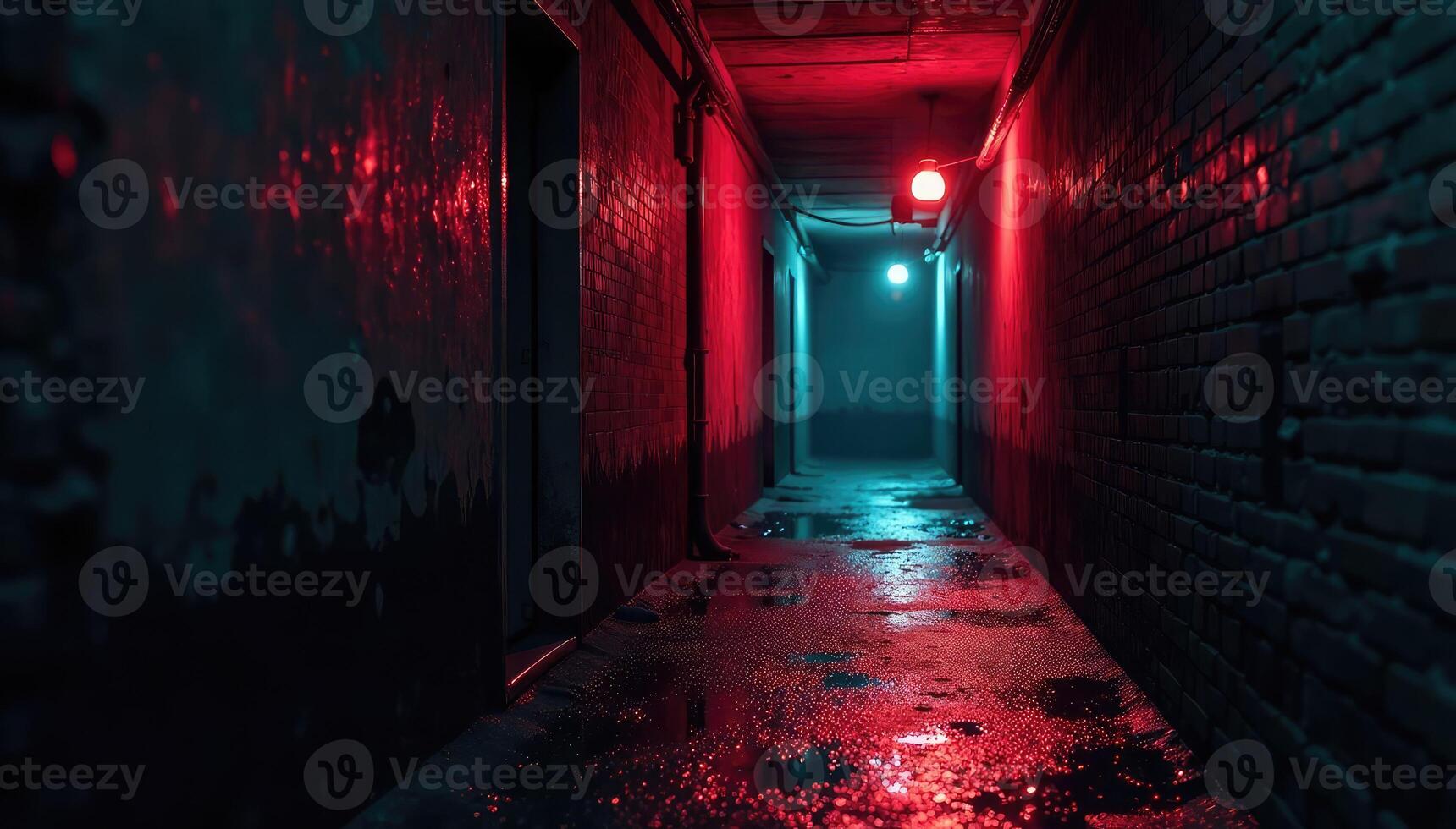 A dark alley with red and blue lights photo