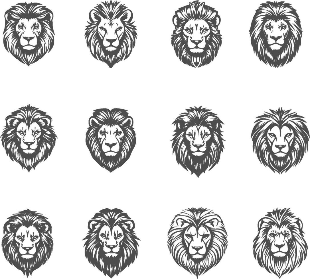 Set silhouettes of lion head. Front view vector