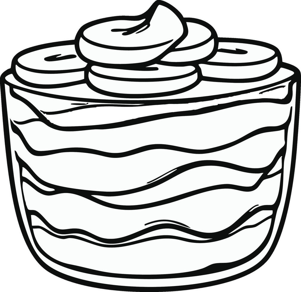 Stylized Dessert Illustration With Banana Slices And Cream In A Clear Dish Outline vector