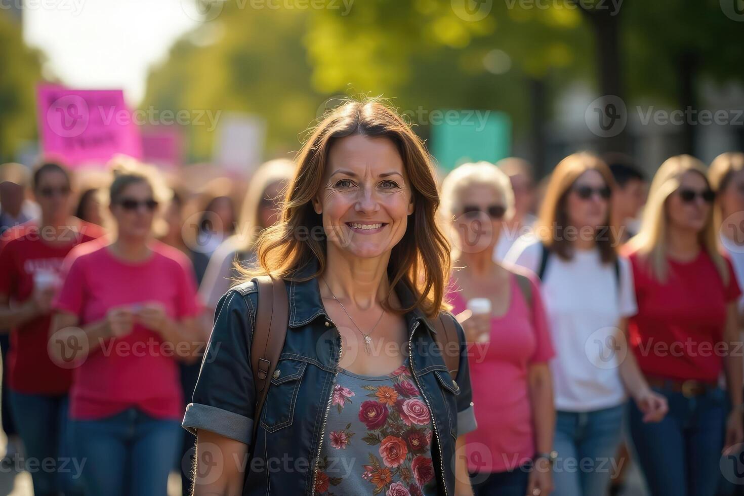 A woman smiles as she walks in a crowd of people photo
